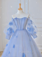 Blue Sweetheart Tulle 3D Flower Long Formal Prom Dresses, Blue Evening Dresses