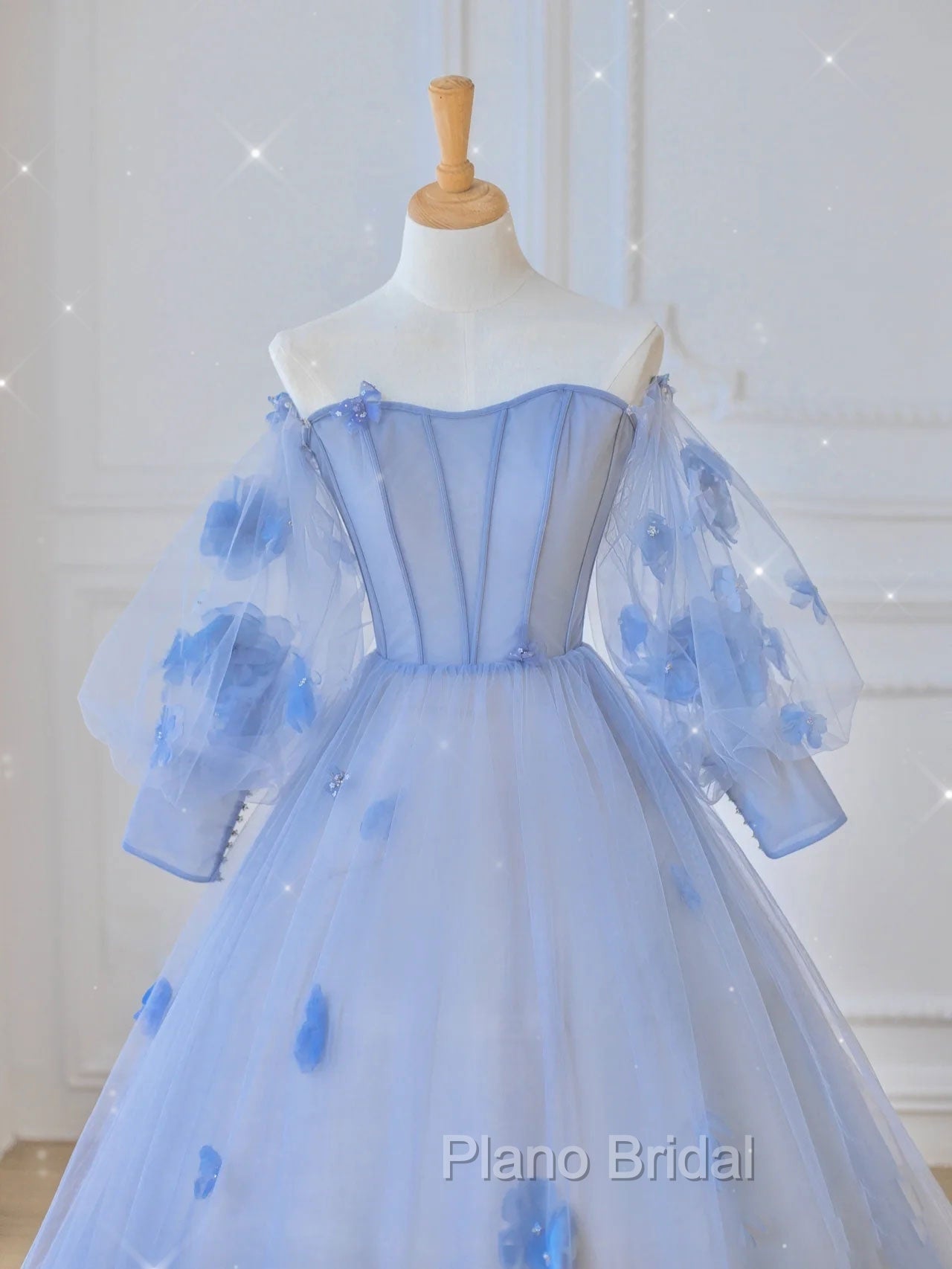 Blue Sweetheart Tulle 3D Flower Long Formal Prom Dresses, Blue Evening Dresses