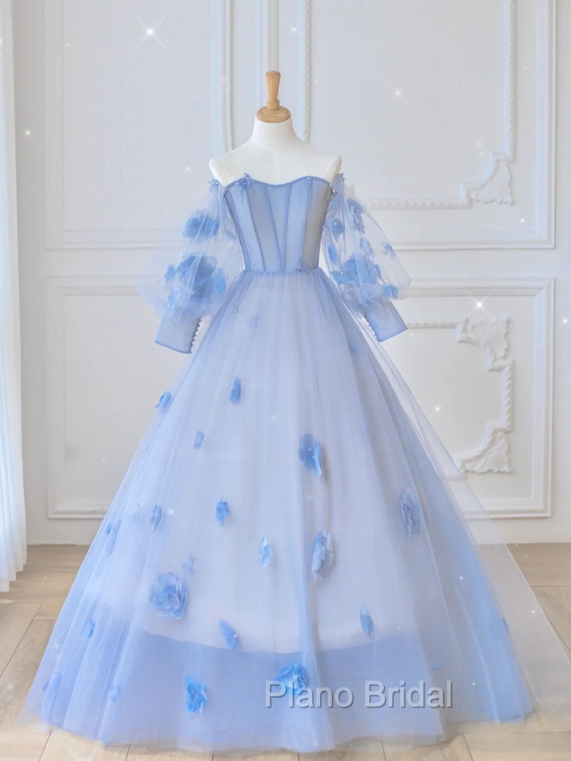 Blue Sweetheart Tulle 3D Flower Long Formal Prom Dresses, Blue Evening Dresses Main image