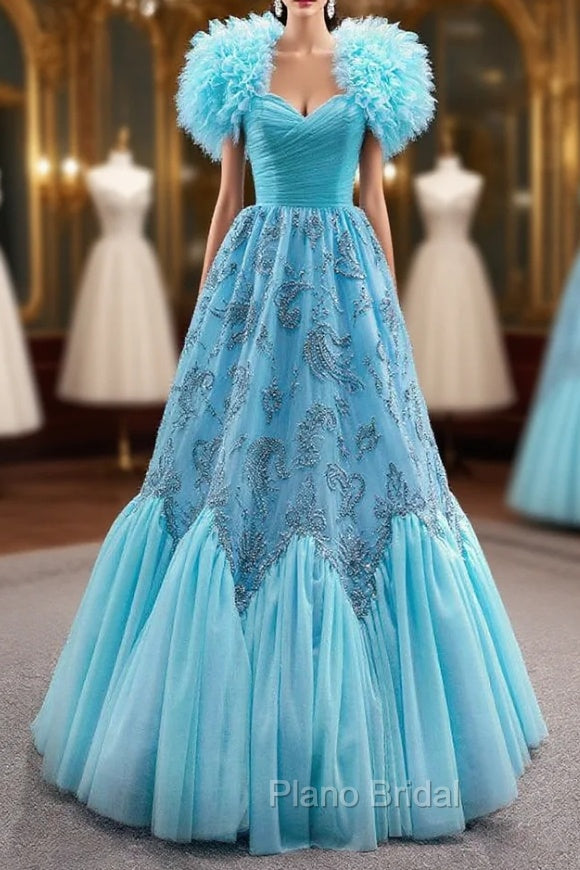 Blue Sweetheart Tulle Appliques Beading Pleats Formal Prom Dresses