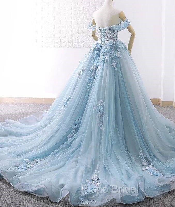 Blue Sweetheart Tulle Lace Long Formal Prom Dresses, Blue Wedding Dresses Secondary image
