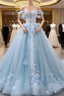 Blue Sweetheart Tulle Lace Long Formal Prom Dresses, Blue Wedding Dresses