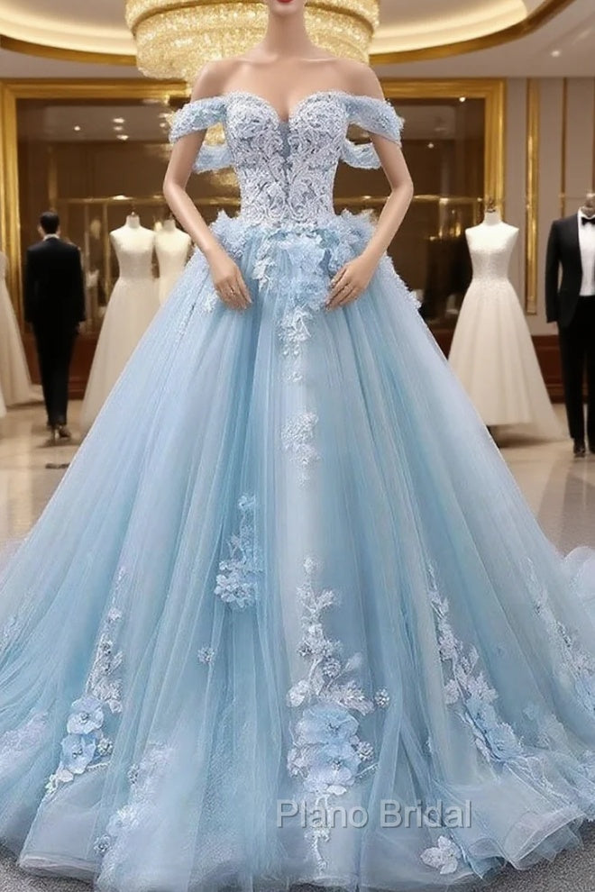 Blue Sweetheart Tulle Lace Long Formal Prom Dresses, Blue Wedding Dresses Main image