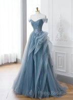 Blue Sweetheart Tulle Layers Long Formal Dresses, Blue Long Party Dresses Formal Prom Dresses