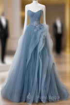 Blue Sweetheart Tulle Layers Long Formal Dresses, Blue Long Party Dresses Formal Prom Dresses