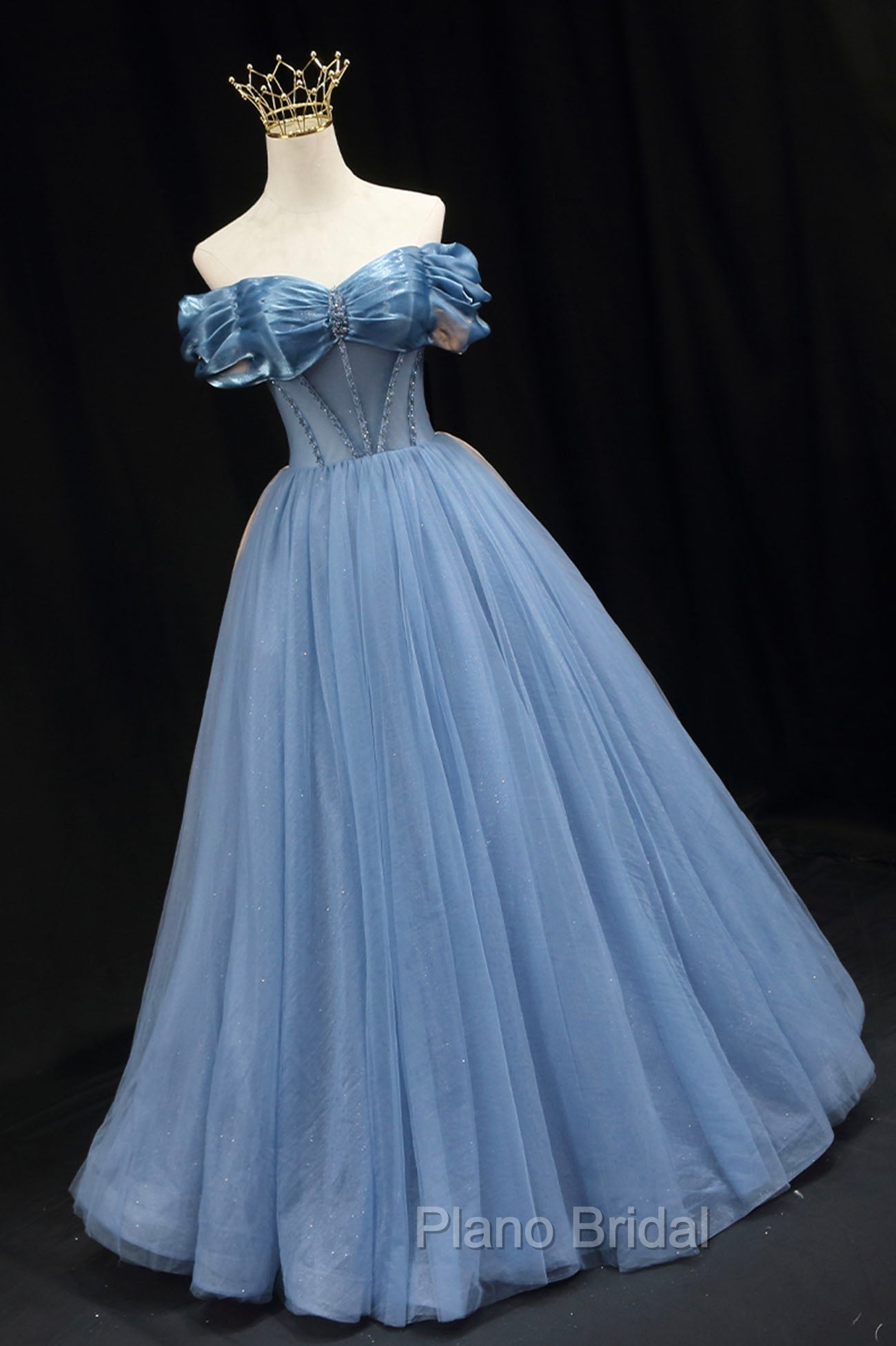 Blue Sweetheart Tulle Long Formal Dresses, Off the Shoulder Evening Graduation Dresses