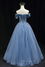 Blue Sweetheart Tulle Long Formal Dresses, Off the Shoulder Evening Graduation Dresses