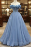 Blue Sweetheart Tulle Long Formal Dresses, Off the Shoulder Evening Graduation Dresses