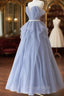 Blue Sweetheart Tulle Off-the-Shoulder Floor-Length Formal Prom Dresses, Blue Evening Gown
