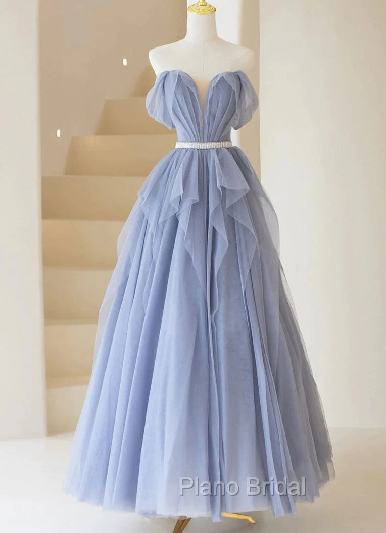 Blue Sweetheart Tulle Off-the-Shoulder Floor-Length Formal Prom Dresses, Blue Evening Gown Main image