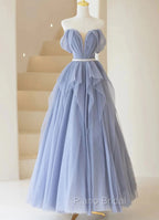 Blue Sweetheart Tulle Off-the-Shoulder Floor-Length Formal Prom Dresses, Blue Evening Gown