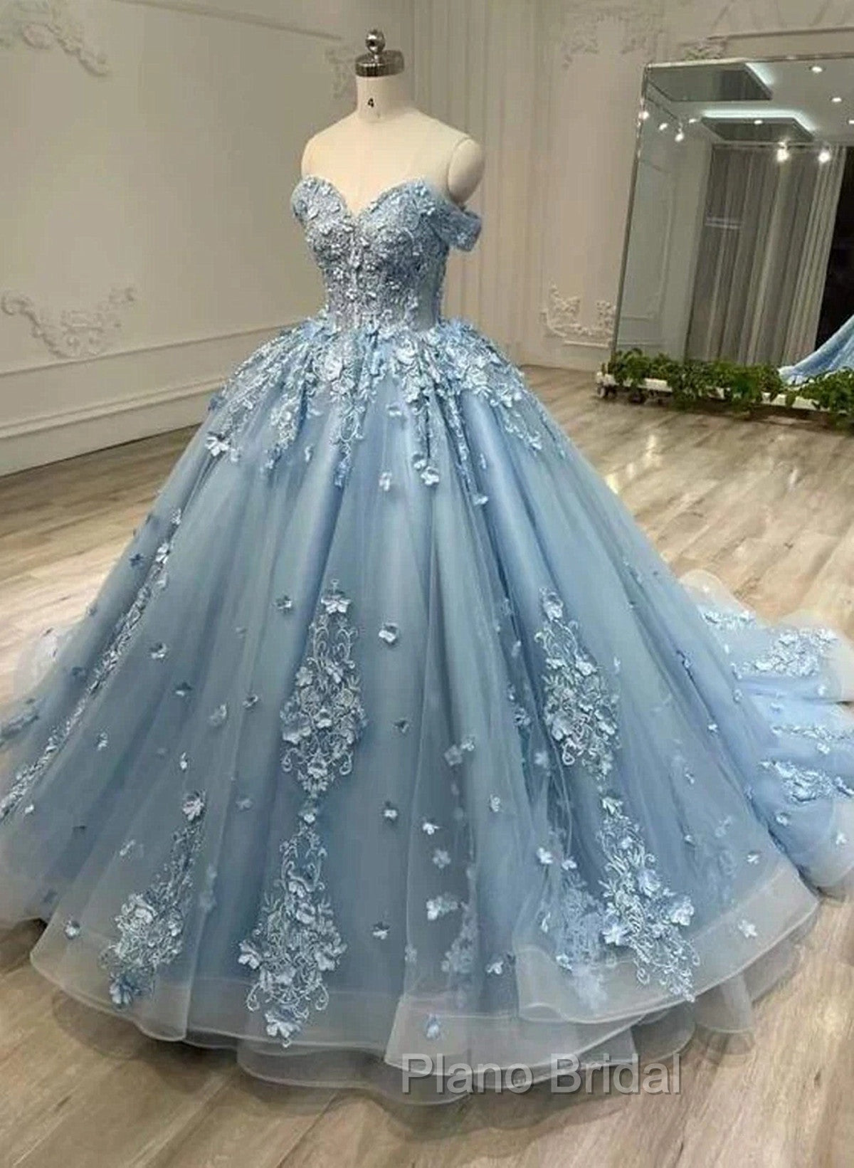 Blue Sweetheart Tulle with Lace Applique Off Shoulder Party Dresses, Blue Sweet 16 Dresses Secondary image