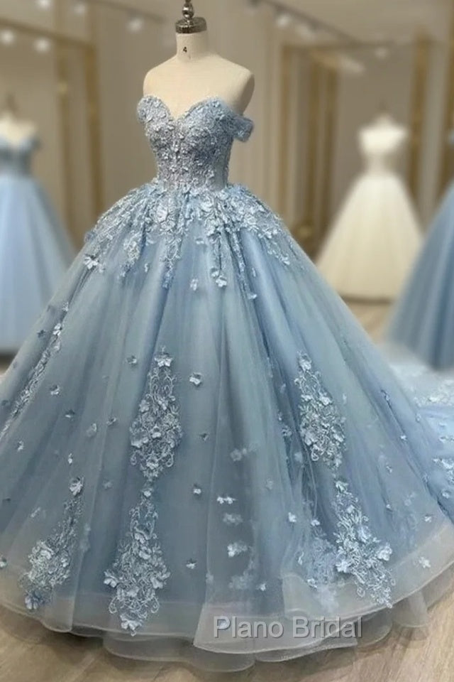 Blue Sweetheart Tulle with Lace Applique Off Shoulder Party Dresses, Blue Sweet 16 Dresses Main image