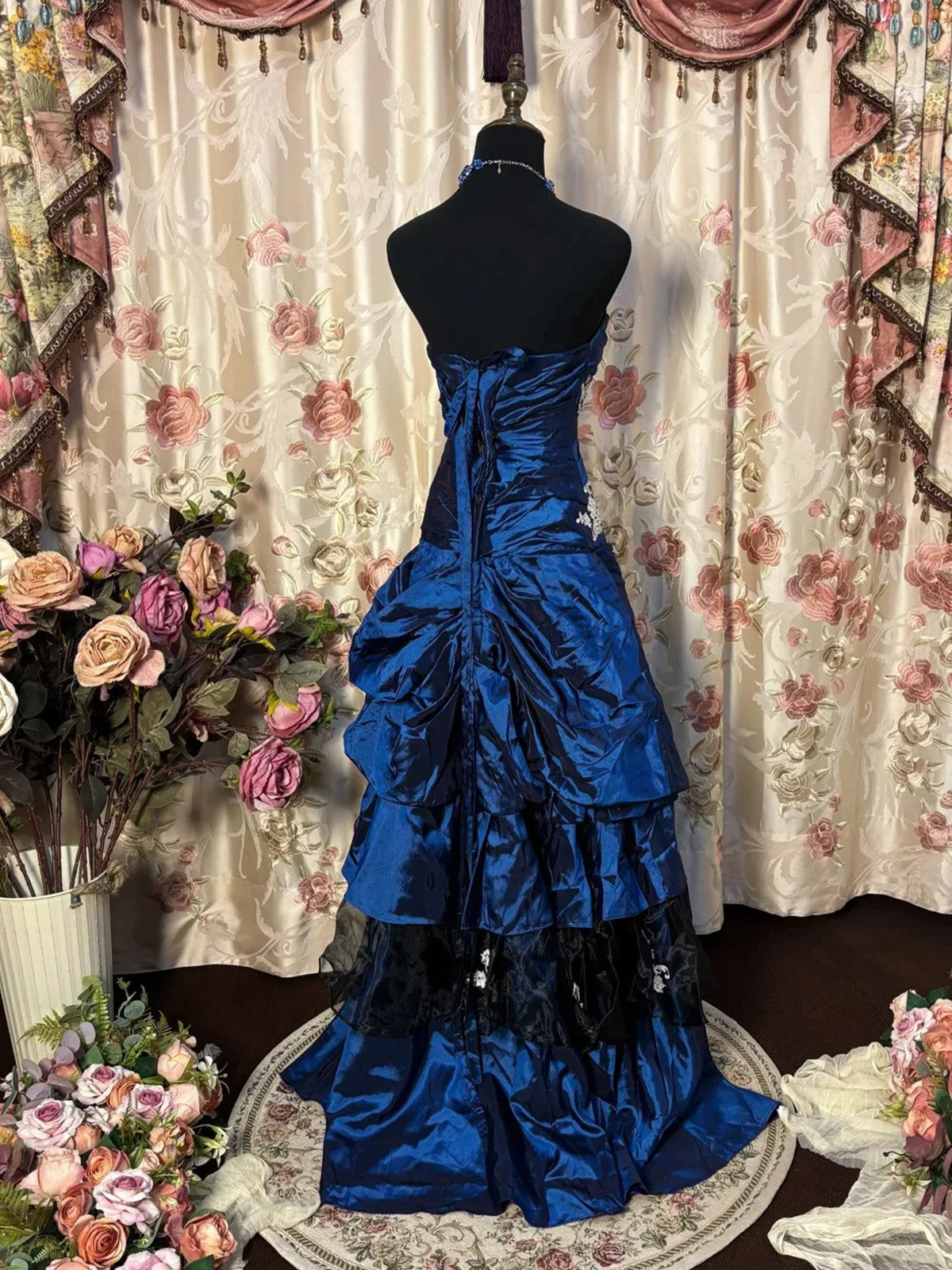 Blue Taffeta With Lace Strapless Long Formal Dresses, Blue Taffeta Sweetheart Formal Prom Dresses Secondary image