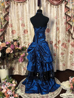 Blue Taffeta With Lace Strapless Long Formal Dresses, Blue Taffeta Sweetheart Formal Prom Dresses