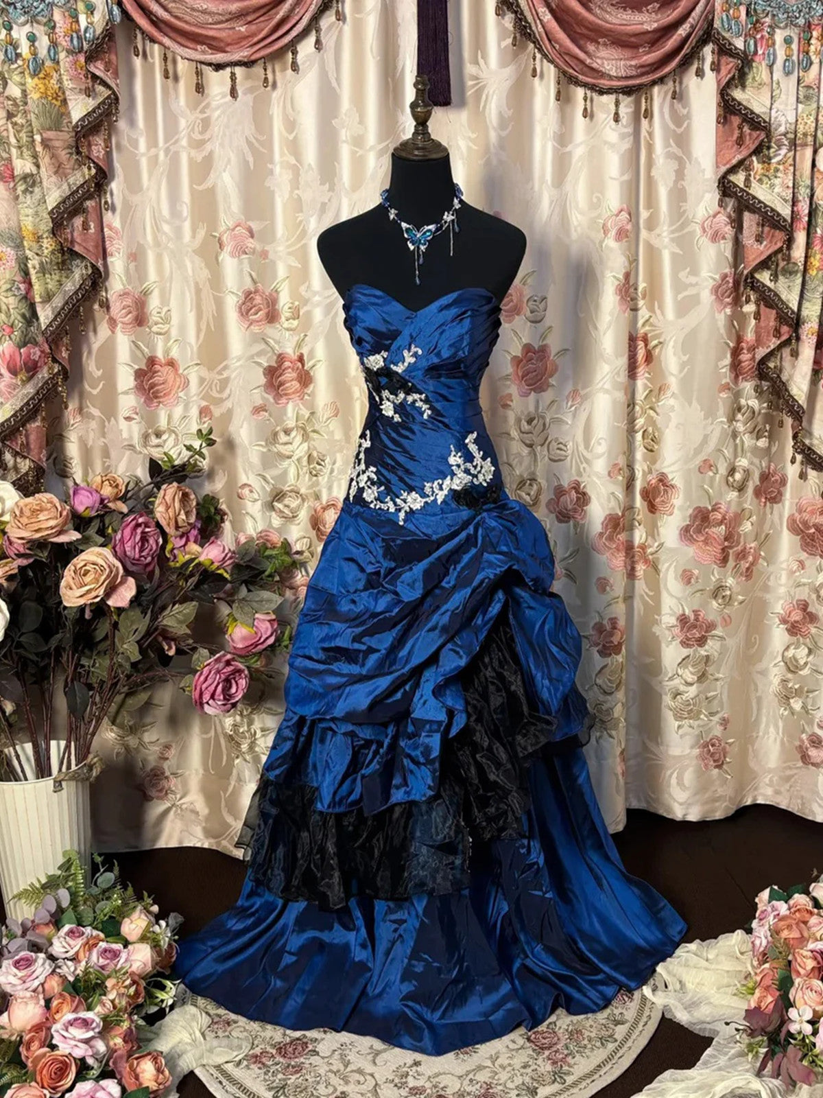 Blue Taffeta With Lace Strapless Long Formal Dresses, Blue Taffeta Sweetheart Formal Prom Dresses