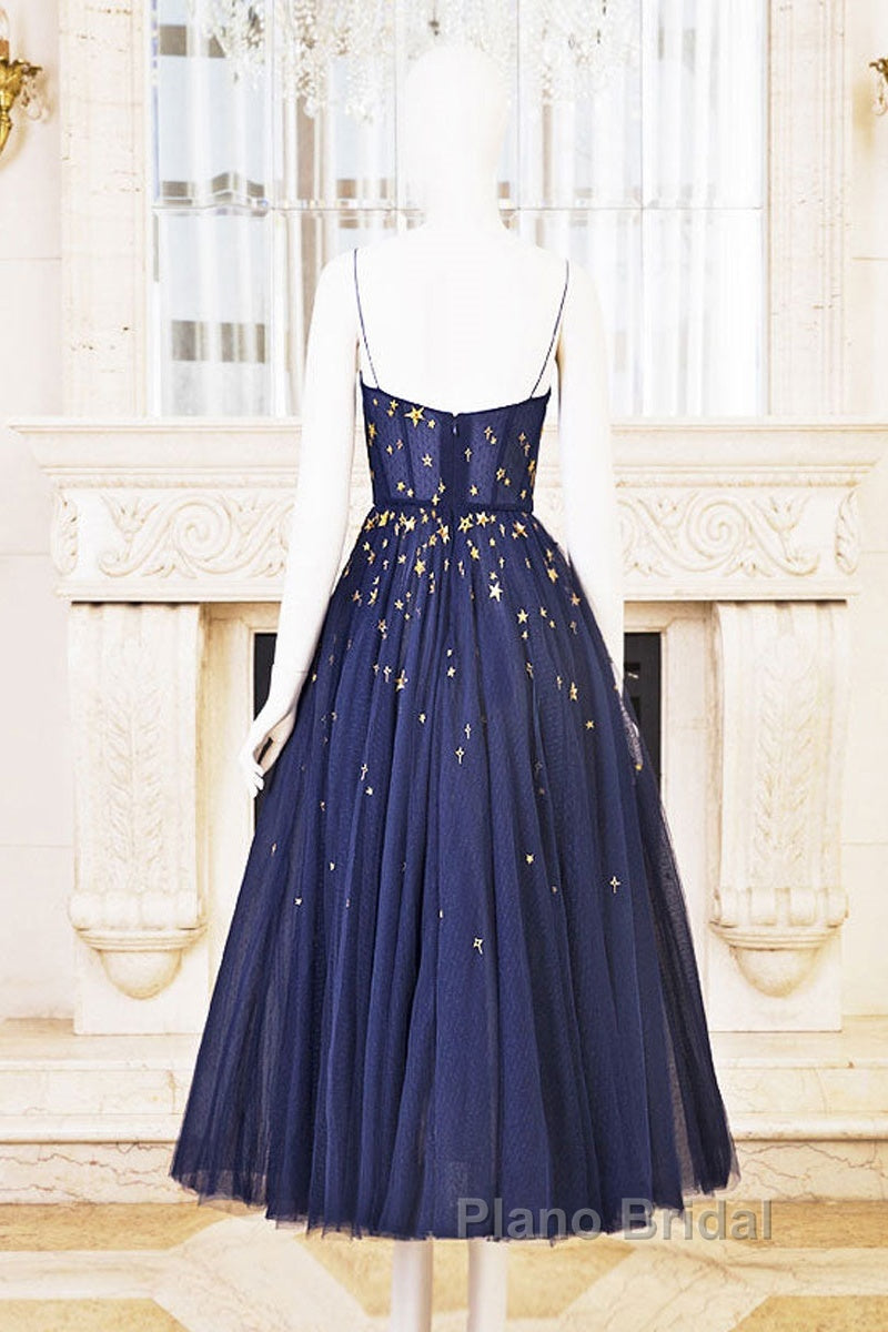 Blue Tea Length Tulle Formal Prom Dresses, Blue Tulle Bridesmaid Dresses