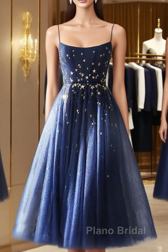 Blue Tea Length Tulle Formal Prom Dresses, Blue Tulle Bridesmaid Dresses Main image
