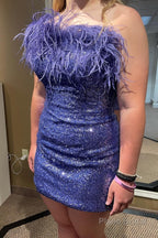 Blue Tight Sequins Homecoming Dress with Feathers