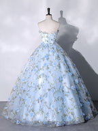 Blue Tulle 3 D Applique Long Formal Prom Dresses, Blue Formal Dresses