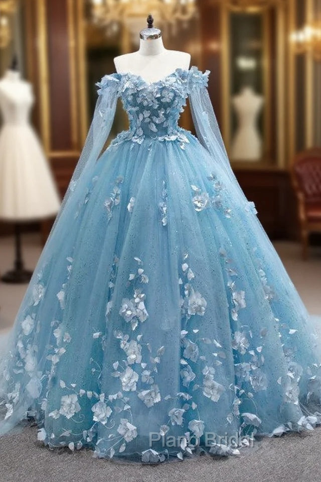 Blue Tulle 3D Appliques Off the Shoulder Formal Prom Dresses Main image