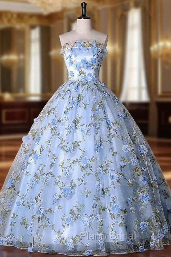 Blue Tulle 3D Flower Strapless Quinceanera Dresses