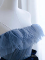 Blue Tulle A-Line Off Shoulder Long Party Dresses, Blue Scoop Formal Prom Dresses Formal Dresses