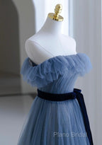 Blue Tulle A-Line Off Shoulder Long Party Dresses, Blue Scoop Formal Prom Dresses Formal Dresses