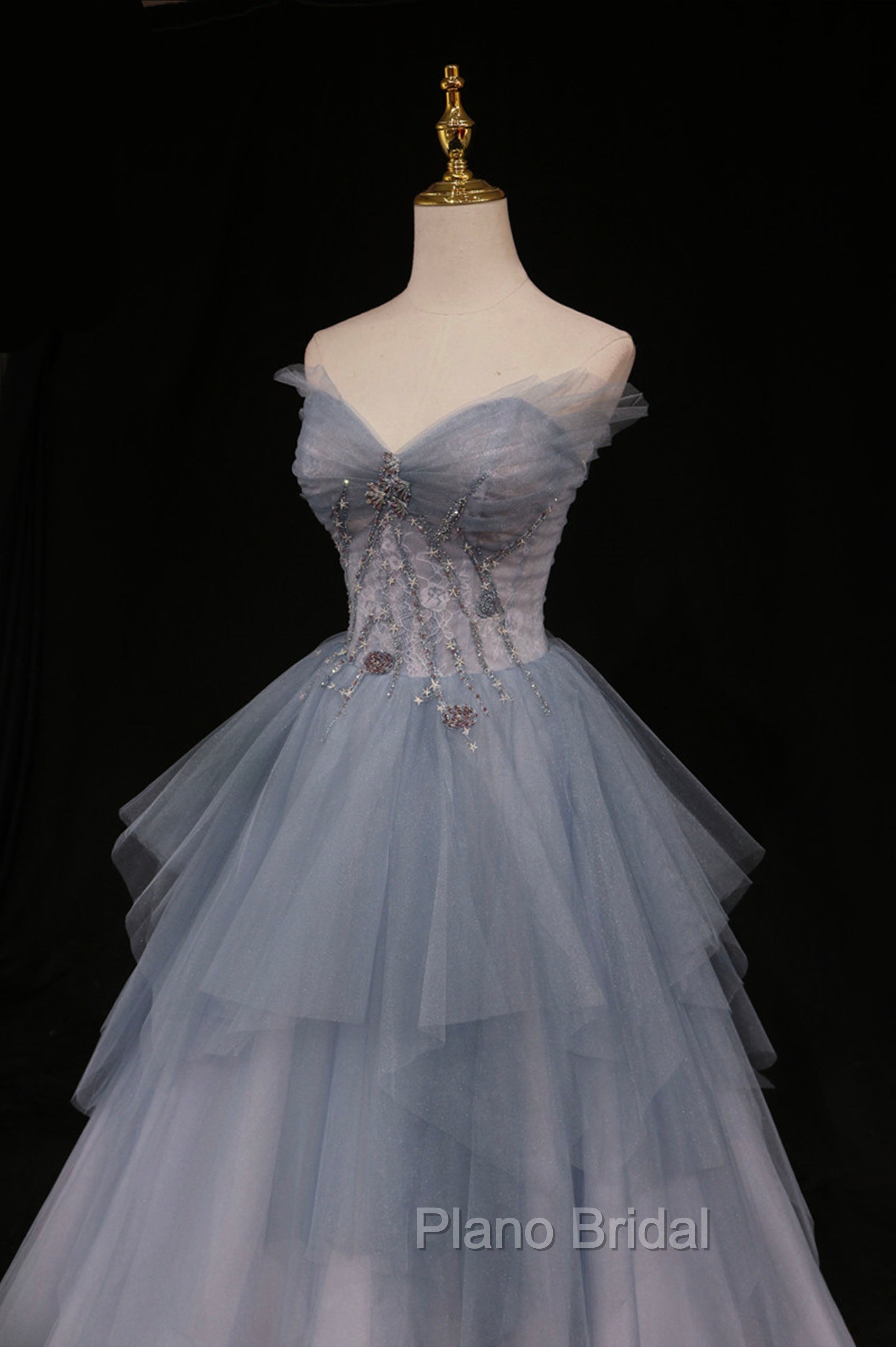 Blue Tulle A-Line Strapless Long Formal Prom Dresses, Blue Evening Party Dresses Secondary image