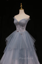 Blue Tulle A-Line Strapless Long Formal Prom Dresses, Blue Evening Party Dresses