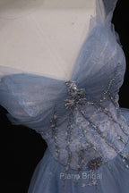 Blue Tulle A-Line Strapless Long Formal Prom Dresses, Blue Evening Party Dresses