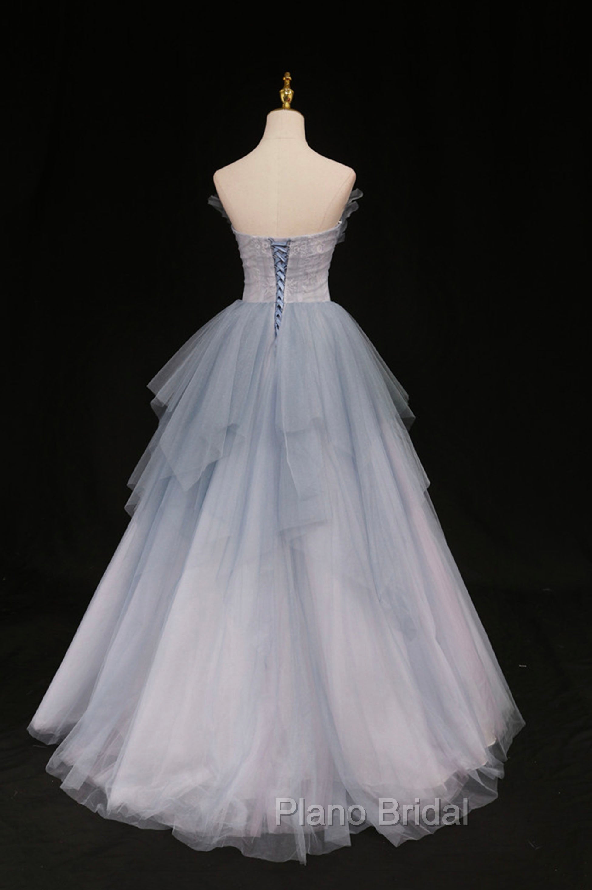 Blue Tulle A-Line Strapless Long Formal Prom Dresses, Blue Evening Party Dresses