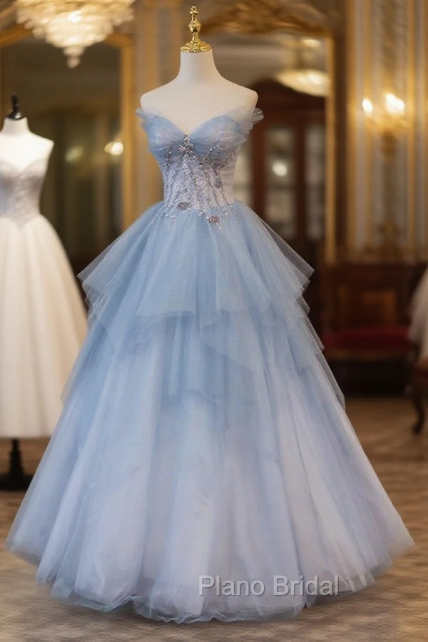 Blue Tulle A-Line Strapless Long Formal Prom Dresses, Blue Evening Party Dresses Main image