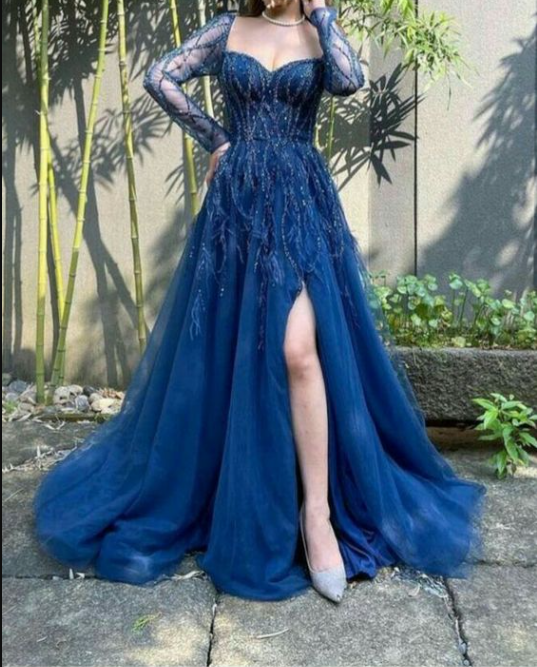 Blue Long Sleeves Slit Formal Prom Dresses Long Party Dresses Formal Evening Dresses