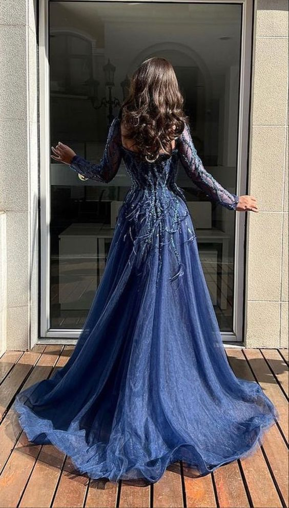 Blue Long Sleeves Slit Formal Prom Dresses Long Party Dresses Formal Evening Dresses
