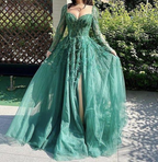 Blue Long Sleeves Slit Formal Prom Dresses Long Party Dresses Formal Evening Dresses