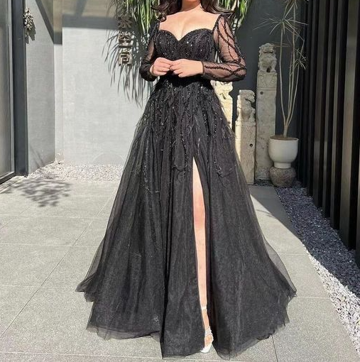 Blue Long Sleeves Slit Formal Prom Dresses Long Party Dresses Formal Evening Dresses