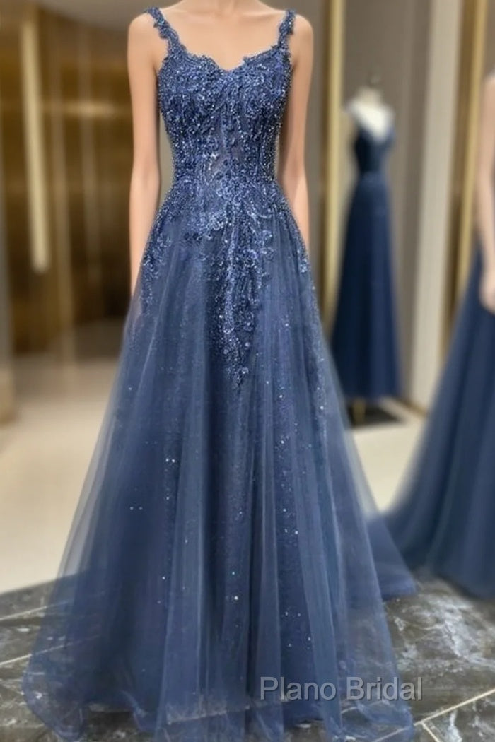 Blue Tulle Applique Long Formal Dresses Formal Prom Dresses Main image