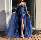 Blue Long Sleeves Slit Formal Prom Dresses Long Party Dresses Formal Evening Dresses