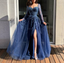 Blue Long Sleeves Slit Formal Prom Dresses Long Party Dresses Formal Evening Dresses