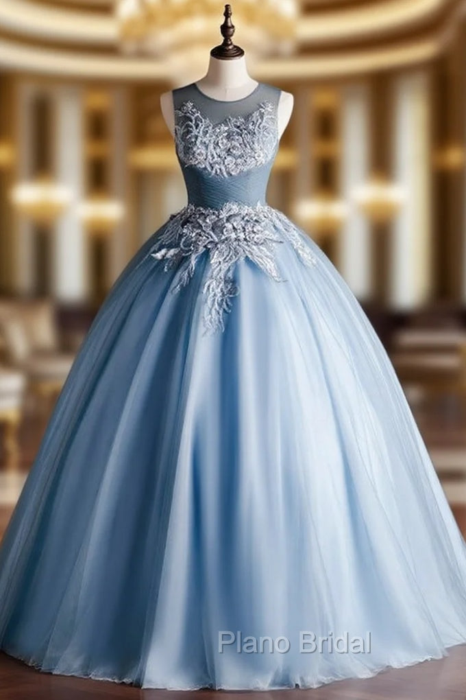 Blue Tulle Appliques Beading Pleats Quinceanera Dresses
