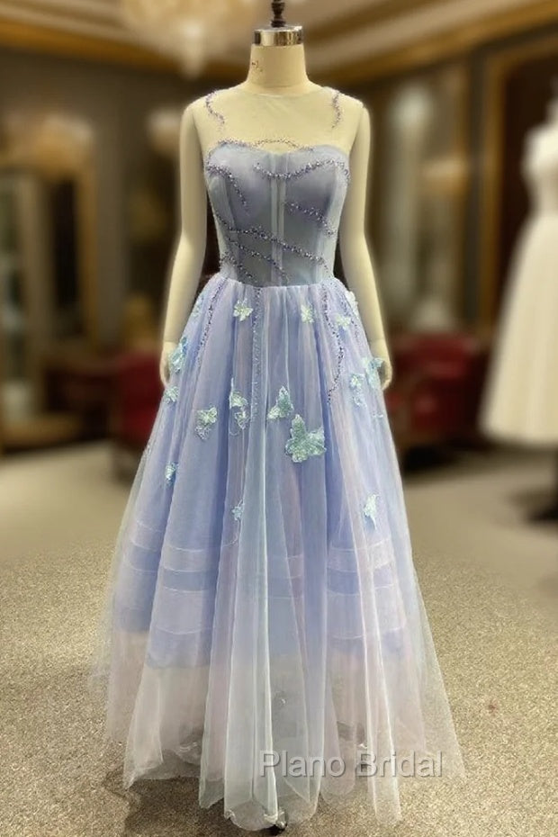 Blue Tulle Appliques Beading Formal Prom Dresses Main image