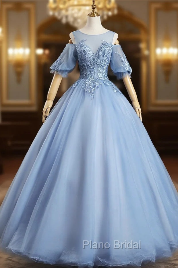 Blue Tulle Appliques Beading Short Sleeve Quinceanera Dresses Main image