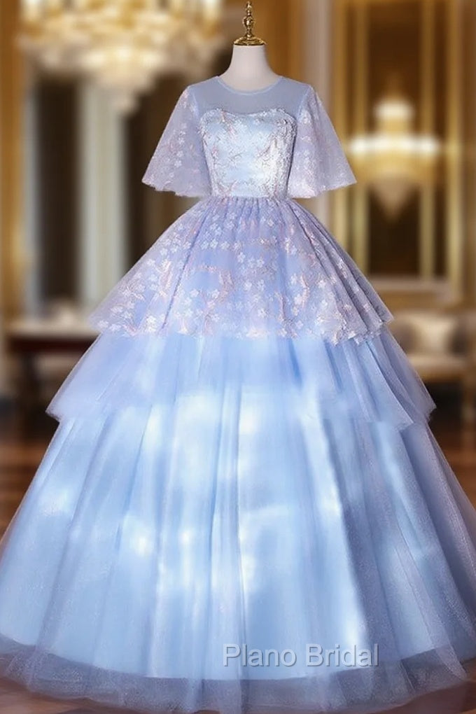 Blue Tulle Appliques Flying Sleeve Quinceanera Dresses