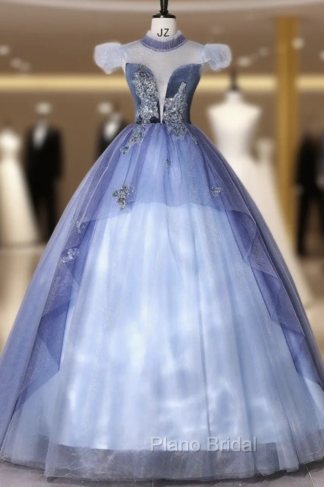 Blue Tulle Appliques See Through Back Quinceanera Dresses