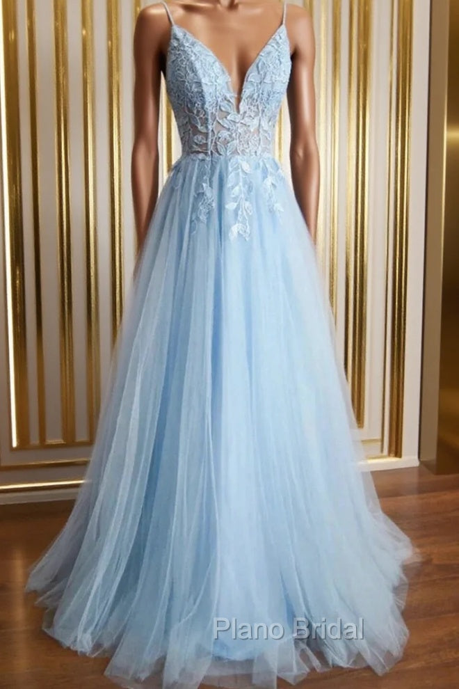 Blue Tulle Appliques Spaghetti Straps Formal Prom Dresses Main image