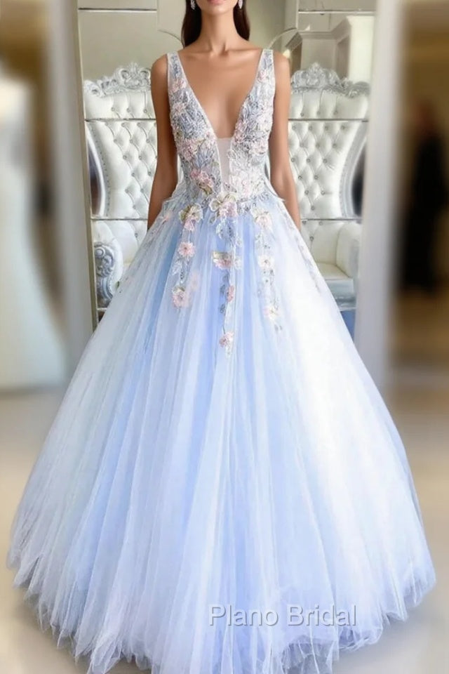Blue Tulle Appliques V-neck Formal Prom Dresses Main image