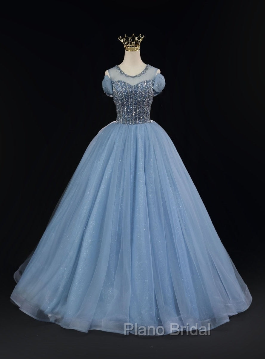 Blue Tulle Backless Beading Bow Formal Prom Dresses