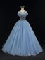 Blue Tulle Backless Beading Bow Formal Prom Dresses