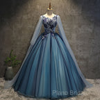Blue Tulle Ball Gown Long Sweet 16 Dresses With Lace Applique, Formal Prom Dresses